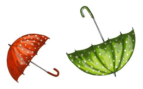 Two opened green and red umbrellas isolated on white background. Vector Stock Illustration