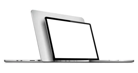 Two opened laptops back to back isolated on a white background Stock Illustration