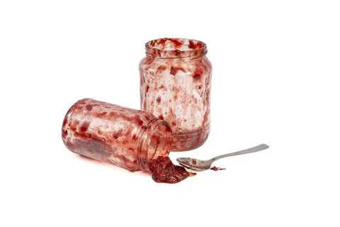 Two opened red fruit jam empty, isolated on white background Stock Photos