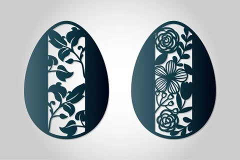 Two openwork Easter eggs with floral ornament. Laser cutting template. Stock Illustration