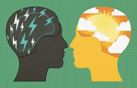 Two opposing heads represent different mindsets, one with a stormy brain Illustrazione stock