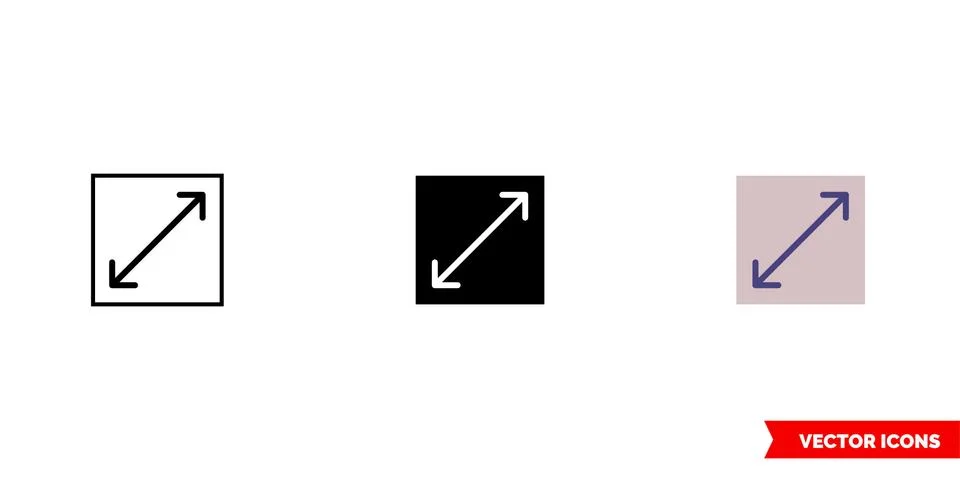 Two opposite diagonal arrows in square icon of 3 types color, black and white Stock Illustration