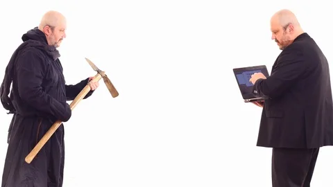 Two opposite opinions &amp; arguments of 2 men in different clothes white screen Stock Footage 105166222