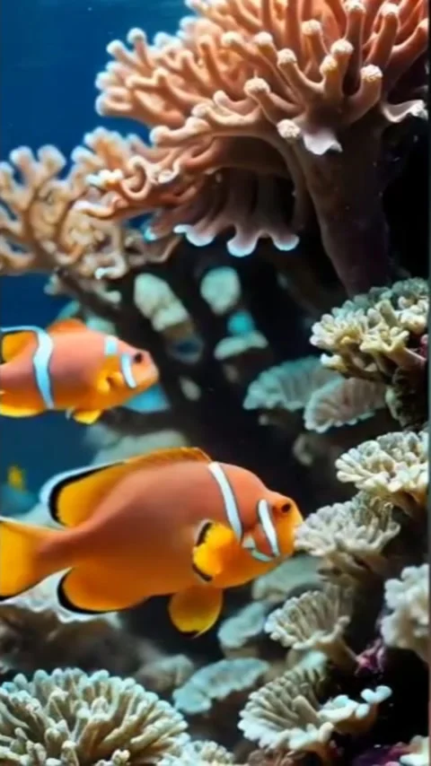 Two orange and white fish, coral, blue water. Stock Footage 284321983