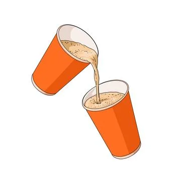 Two orange cups with coffee milk liquid being poured into other cup. Drink indus Stock Illustration