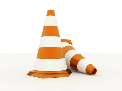 Two orange road cones rendered isolated on white background Stock Illustration