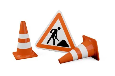 Two orange traffic warning cones or pylons with street or road construction s Stock Illustration