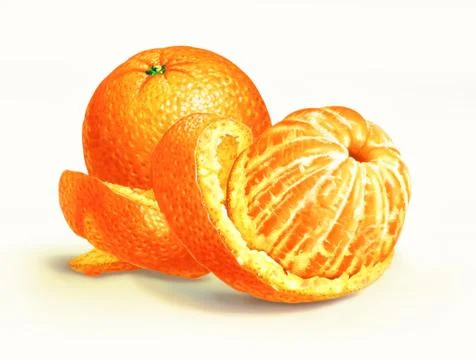 Two oranges isolated on a white surface, with one of them half peeled. Stock Illustration