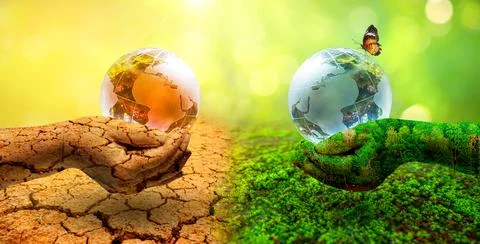 Two orb hands with very different environments Earth Day or World Environment Stock Photos