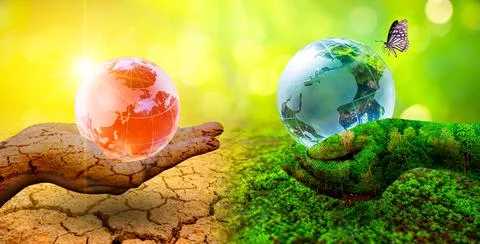 Two orb hands with very different environments Earth Day or World Environment Stock Photos