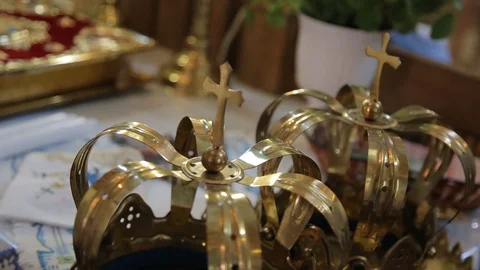 Two Orthodox Wedding Ceremonial Crowns Ready for Ceremony Vidéo 123779889