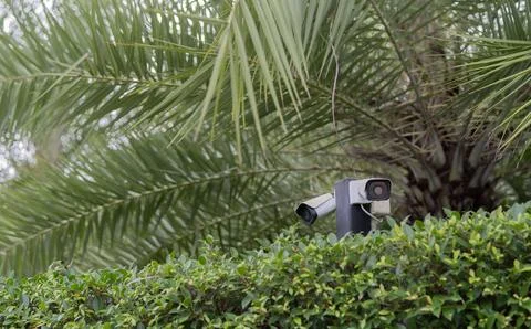 Two outdoor CCTV security surveillance cameras mounted on building corner i.. Stock Photos