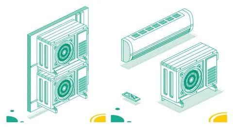 Two Outdoor Units of Air Conditioner. Isometric Outline Concept. Outdoor Un.. Stock Illustration