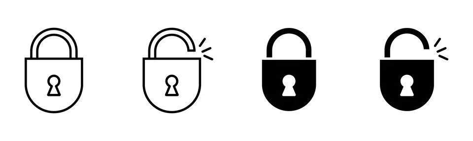 Two outline and two solid black padlocks one open one closed security Stock Illustration