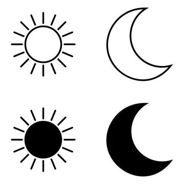 Two outline sun and two solid black moon crescent on white symbol weather Stock Illustration