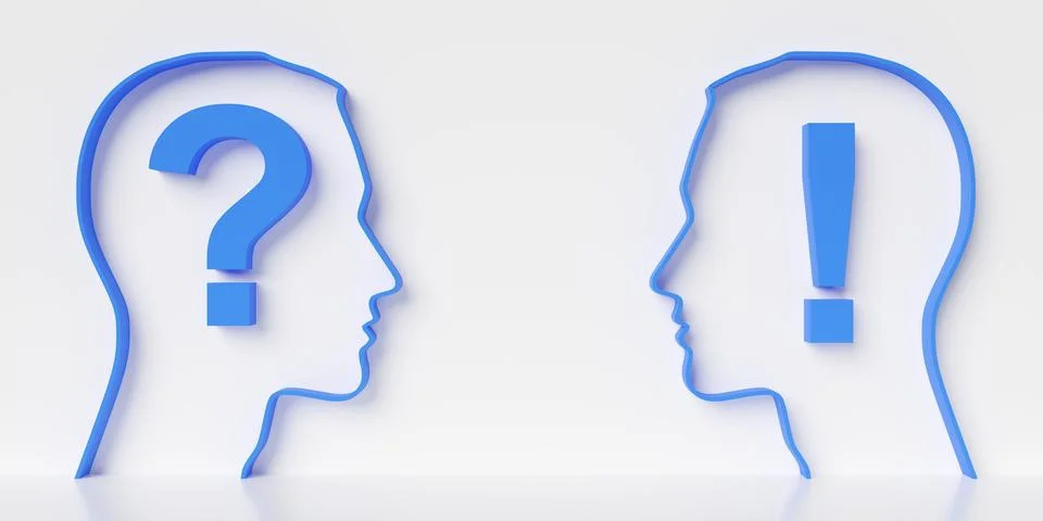 Two outlined blue head shapes with bold question and exclamation mark on wh.. Stock Illustration