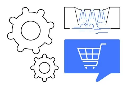 Two outlined gears, a blue chat bubble with a shopping cart icon, and a water Stock Illustration
