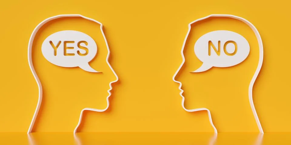 Two outlined white head shapes with yes and no speech bubbles on yellow bac.. Stock Illustration