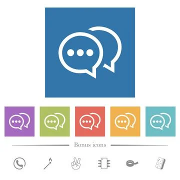 Two oval active chat bubbles outline flat white icons in square backgrounds Illustrazione stock