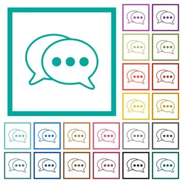 Two oval active chat bubbles outline flat color icons with quadrant frames 스톡 일러스트
