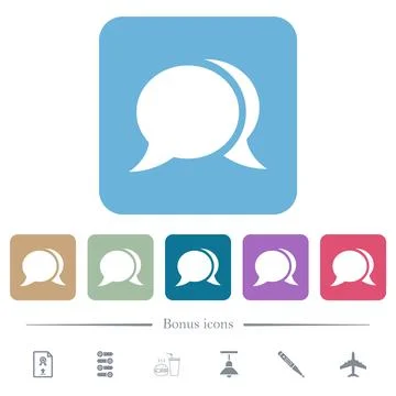 Two oval chat bubbles solid flat icons on color rounded square backgrounds Stock Illustration