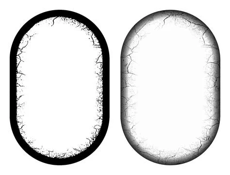 Two oval frames with cracks on them, black and white frames with grunge paint Stock Illustration