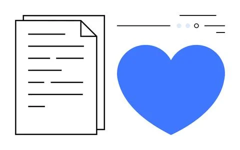 Two overlapping documents beside a large blue heart with abstract line elemen Stock Illustration