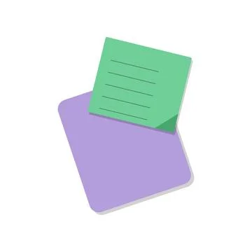 Two overlapping flat sticky notes, one green with lines, one purple, isolat.. イラスト素材