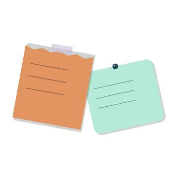 Two overlapping sticky notes, orange and light blue, with lines and fastene.. Stockillustratie