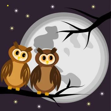 Two owls on a black branch of a tree at night, against a background of the fu Stock Illustration