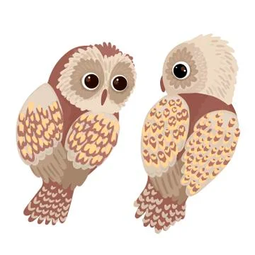 Two owls look at each other. Cute bright birds. Vector characters on white Stock-Illustration
