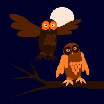 Two owls in night at full moon. Stock Illustration