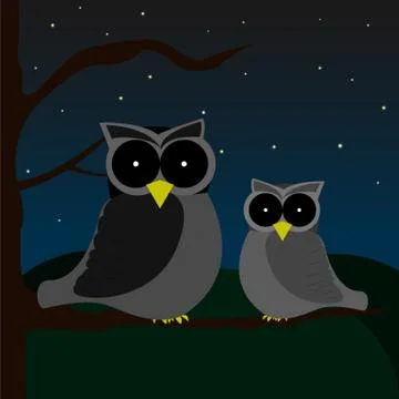 Two owls sitting on tree Stock Illustration