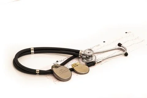 TWO PACEMAKER BATTERIES SURROUNDED BY A STETHOSCOPE WHITE BACKGROUND Stock Photos
