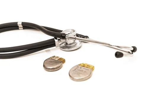 TWO PACEMAKER BATTERIES SURROUNDED BY A STETHOSCOPE WHITE BACKGROUND Stock Photos