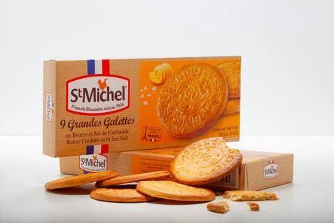 Two packets of StMichel biscuits with Sea Salt on the white table. Stock Photos