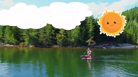 Two paddlers one starting paddling and drifting right on lake under sun or cloud Stock Footage 333648941