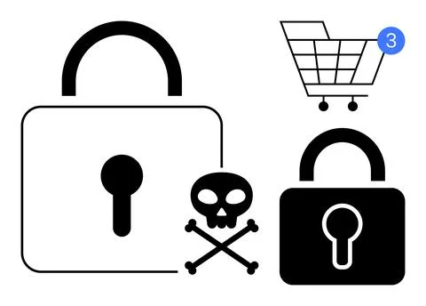 Two padlocks, shopping cart with notification, skull and crossbones. Ideal fo Stock Illustration