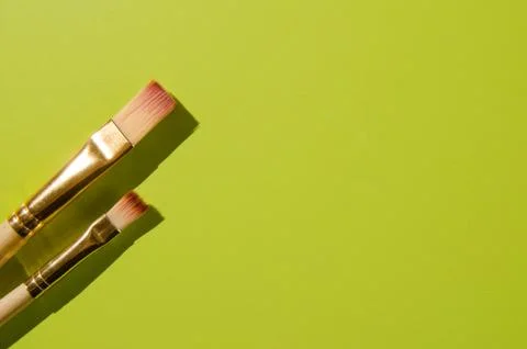 Two paint brushes of different sizes side by side on an olive background. Pla Stock Photos
