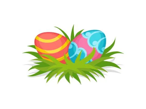 Two painted eggs on green grass. Happy Easter. Cute holiday composition. Spring Stock Illustration