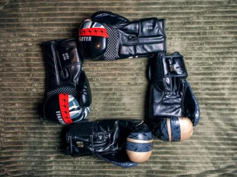 Two pair of boxing gloves 12 and 16 oz. Russia Sochi 05 12 2019 Stock Photos