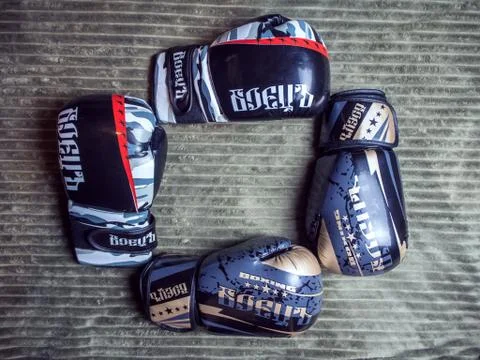 Two pair of boxing gloves 12 and 16 oz. Russia Sochi 05 12 2019 Stock Photos