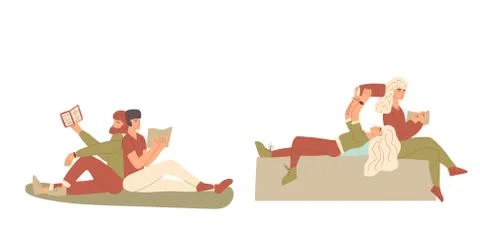 Two pairs of characters reading a book.  Stock Illustration