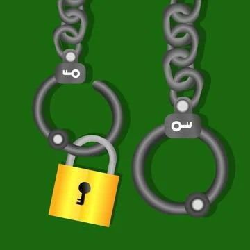 Two pairs of handcuffs hanging from chains against a green background Stock Illustration