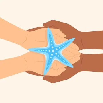 Two pairs of hands of different skin tones holding a blue starfish, top view Stock Illustration