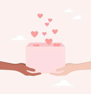 Two pairs of hands holding an open pink box with hearts flying out of it Stock Illustration