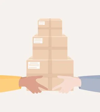 Two pairs of hands holding a stack of delivery boxes Stock Illustration