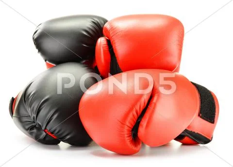 Two pairs of leather boxing gloves isolated on white Stock Photos