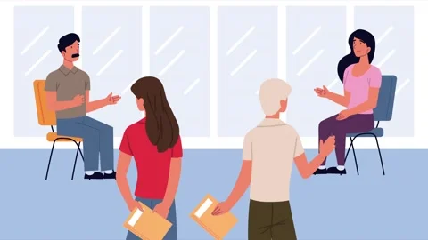Two pairs of people interacting in separate rooms, one pair standing and on.. Stock Footage 333719551