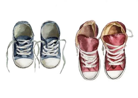 Two pairs of sneakers of different sizes different colors Stock Illustration